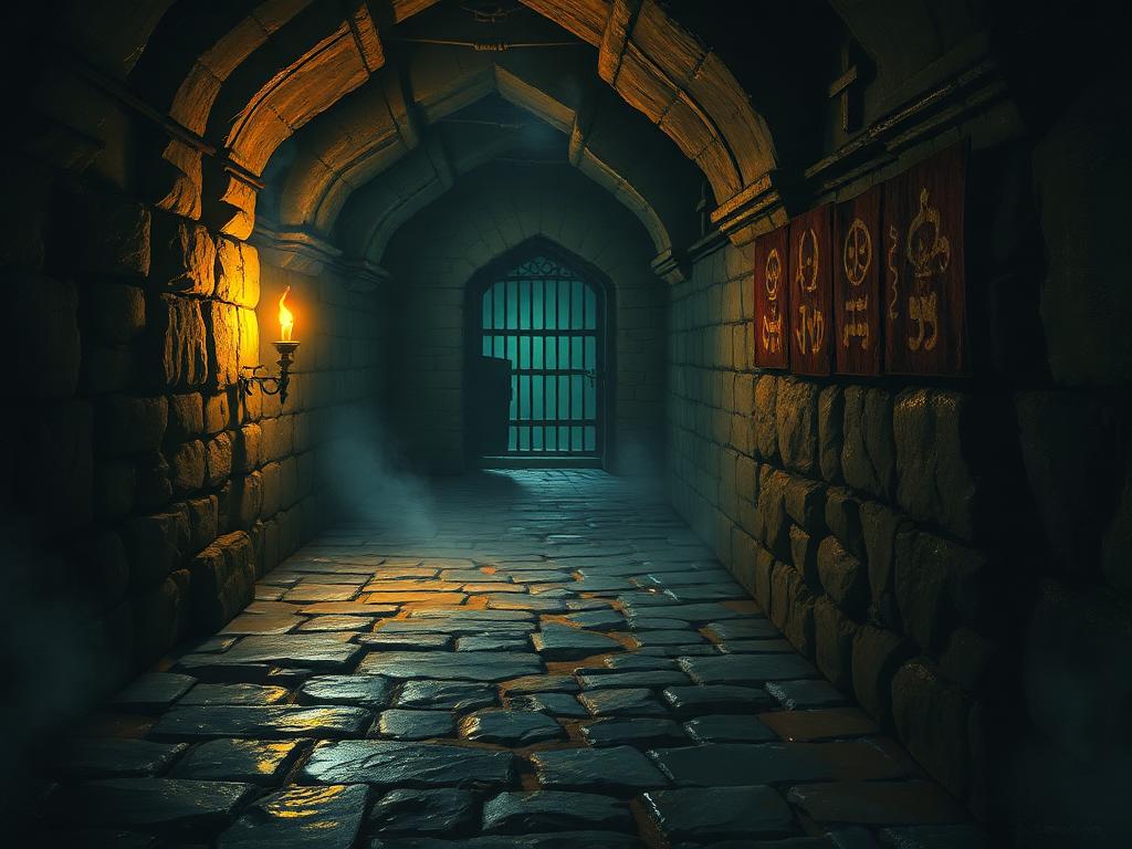 Torchlit dungeon corridor with arcane runes
