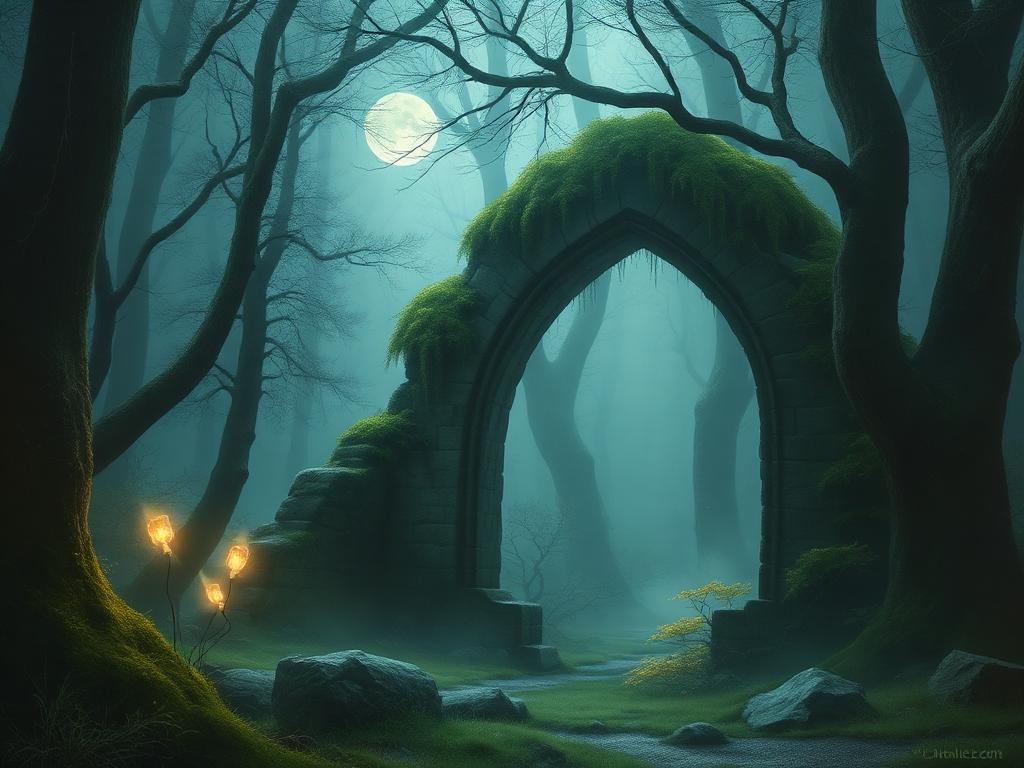 Moonlit ruined archway in a misty forest